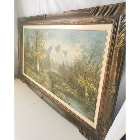 XXL 70s Impasto Oil Painting Mountain Landscape 47.5" Wide Etched Wood Frame - Picture 5 of 10